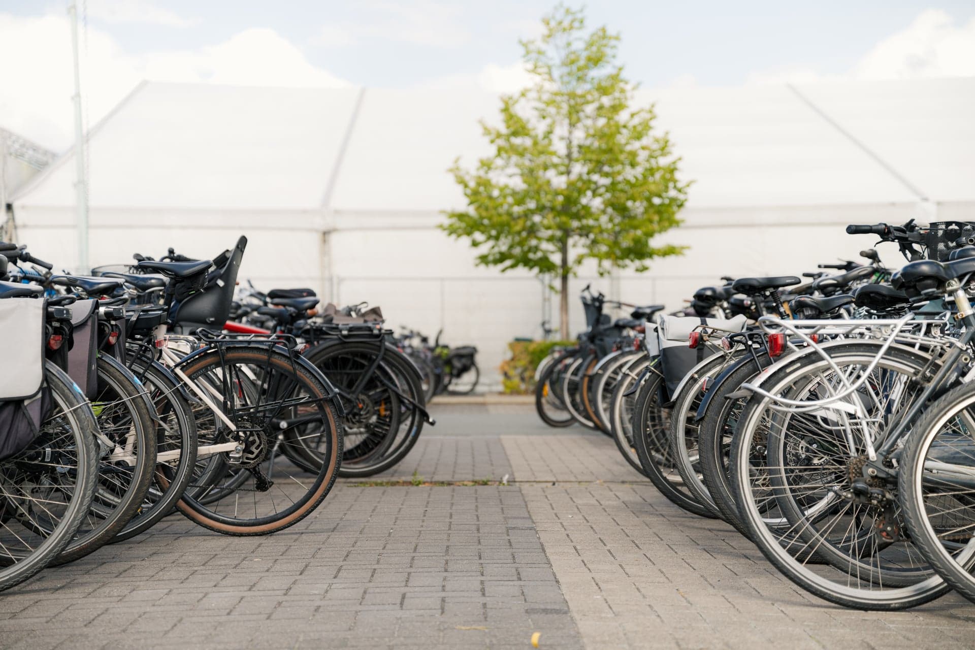 Een volle fietsenstalling bij de ingang van een publiekslocatie